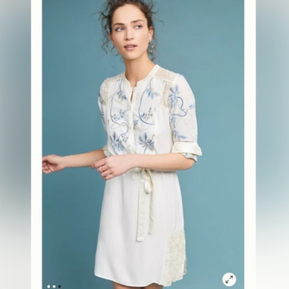 NWT Anthropologie Tiny Amarante white embroidered shirt dress. Size Small.